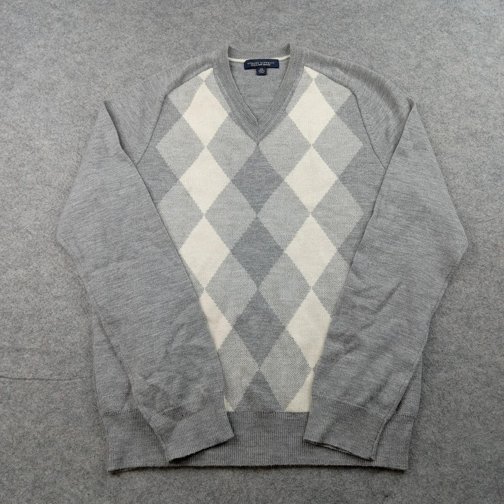 Banana Republic Sweater Mens XS Gray Argyle Merino Wool V Neck Pullover Knit‎